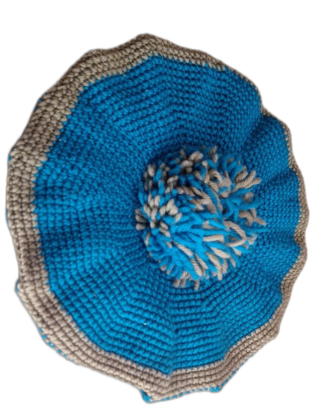 Handmade Pom Pom Beanie - Teal/Green and Tan